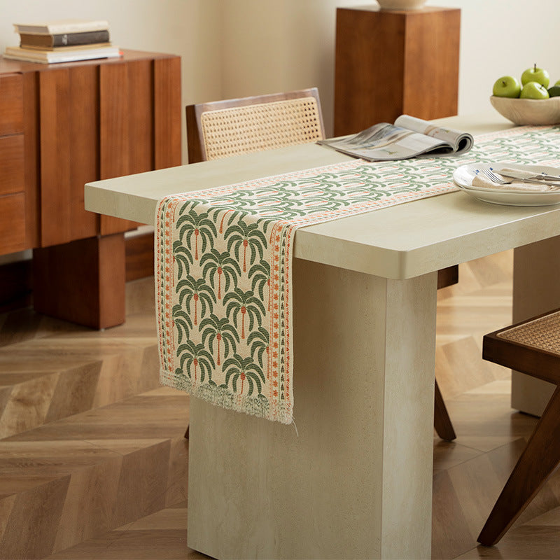 Woven table runner with floral meadow flowers jacquard and fringes Kalsten