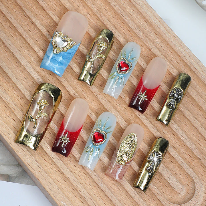 Artificial nail set with cherry motif and sparkling rhinestones Kalsten