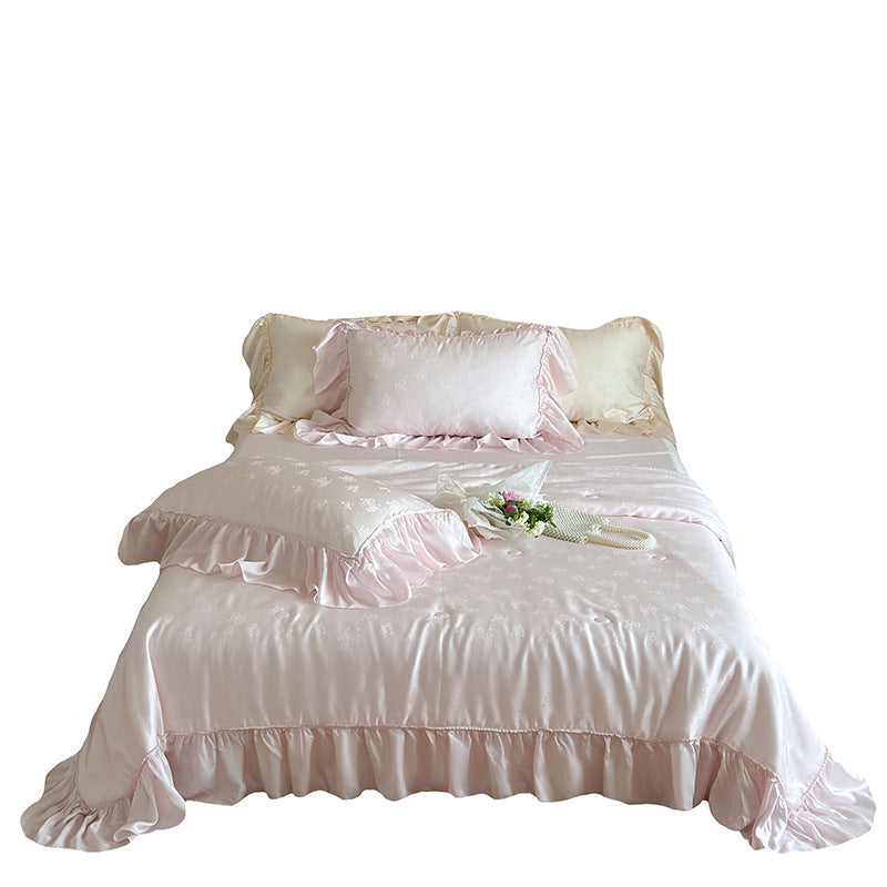 Elegant satin bedding set with jacquard floral pattern and ruffles