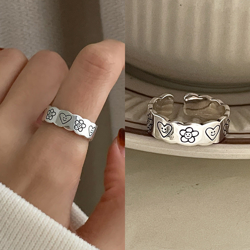 Adjustable Silver Floral Pattern Ring Kalsten