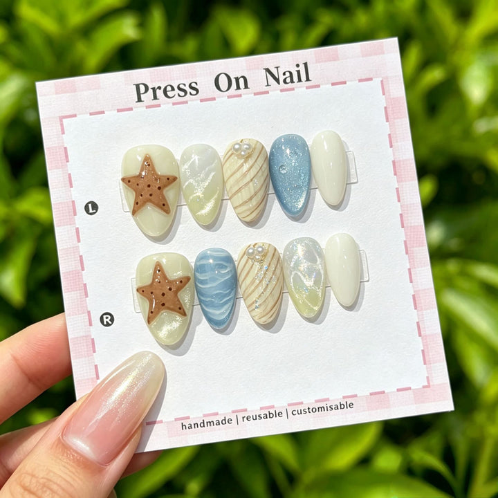 Artistic Press-On Nail Set with Tropical and Floral Accents