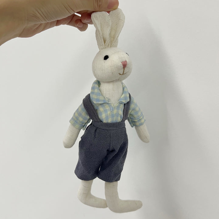 Handmade Linen Long-Leg Bunny Soft Toy with Embroidered Overalls