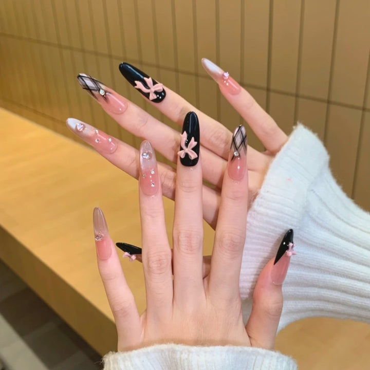 Artistic Press-On Nail Set with Creative Bow and Gemstone Accents Kalsten