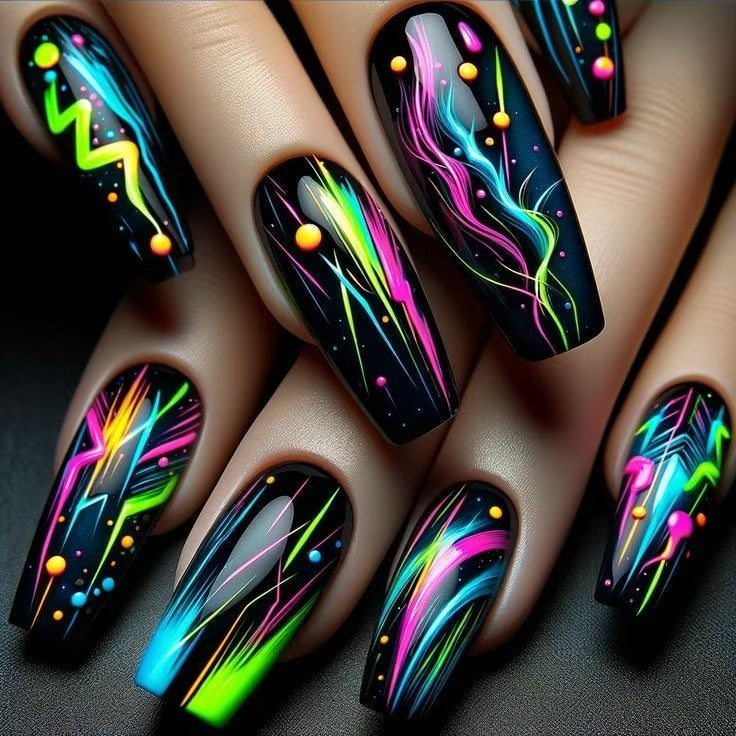 Creative artificial nails with luminous neon design Kalsten