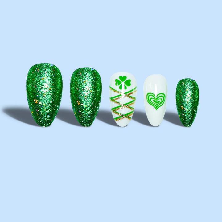 Glamorous Stiletto Press-On Nail Art with Glitter and Shamrock Design Kalsten