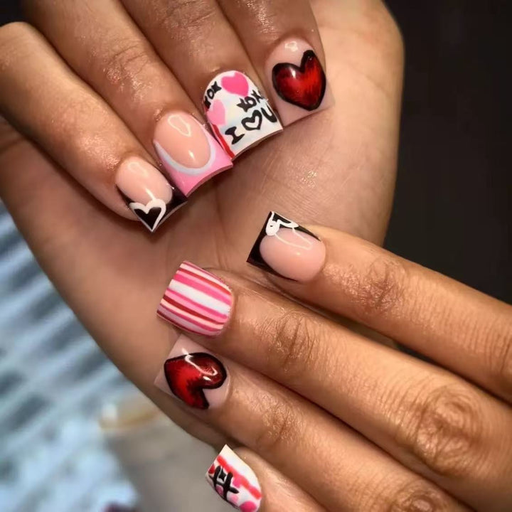 Artificial nail set with romantic heart and stripe designs Kalsten