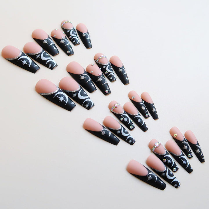 Artistic Long Stiletto Press-On Nail Set with Moon and Star Designs