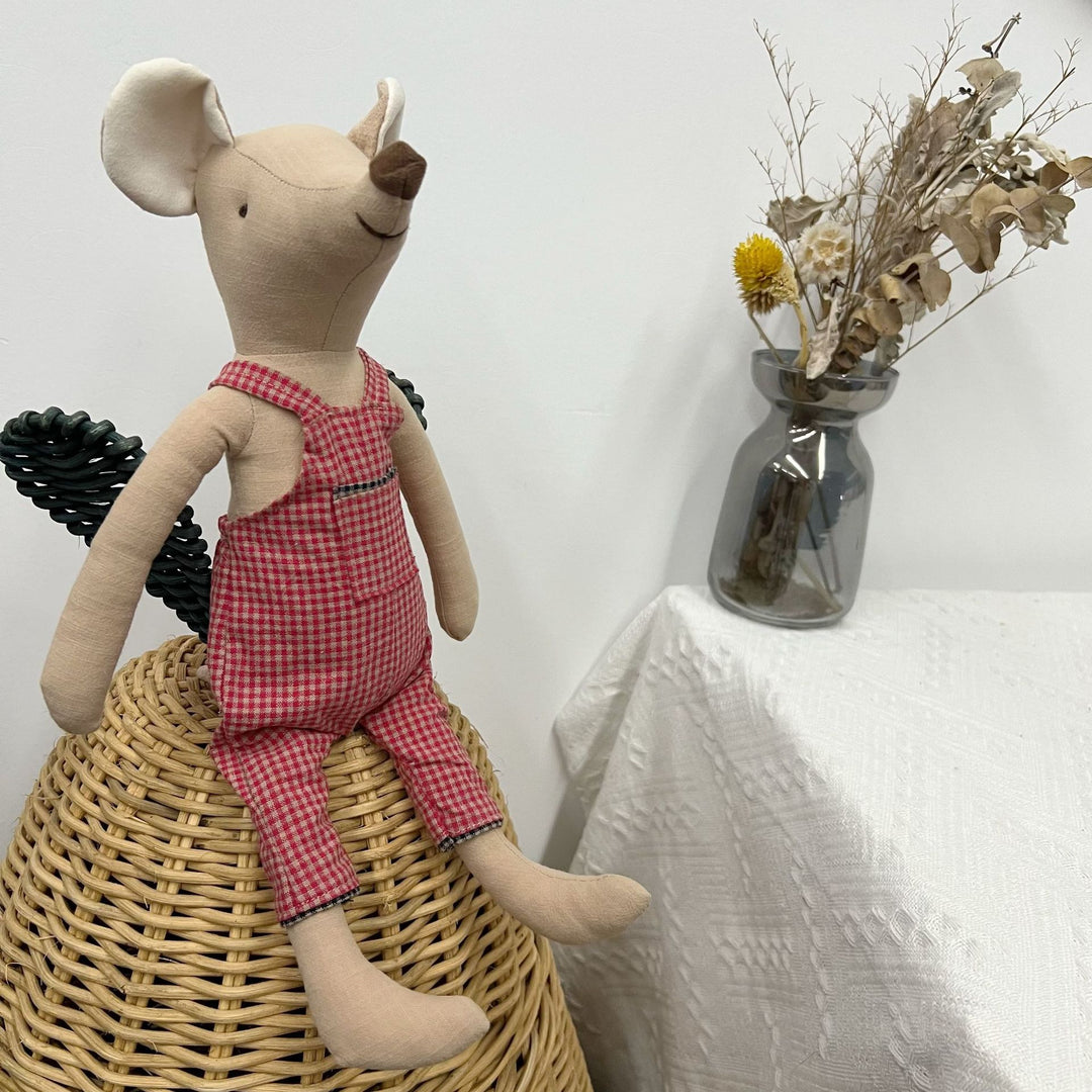 Handcrafted Linen-Blend Mouse Plush Doll with Checkered Overalls