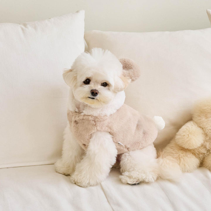 Plush Hooded Dog Jacket with Decorative Ears and Back D-Ring