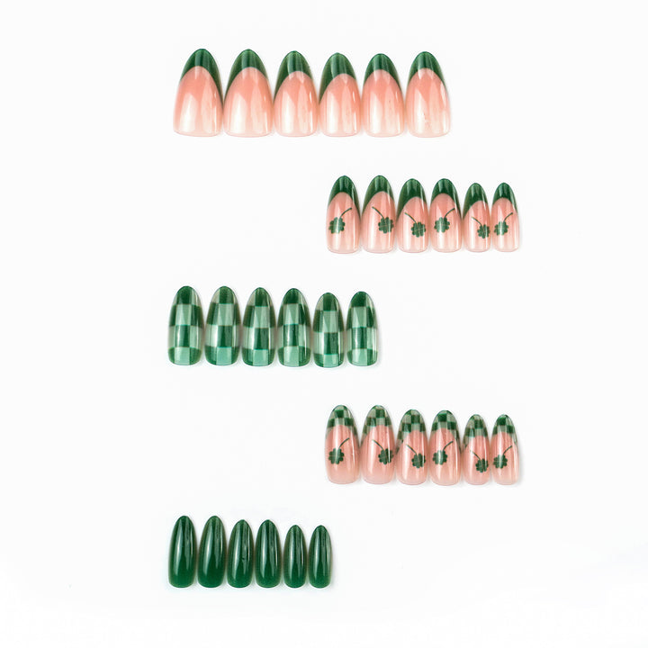 Themed Press-On Nail Art Set with Clover and Plaid Design