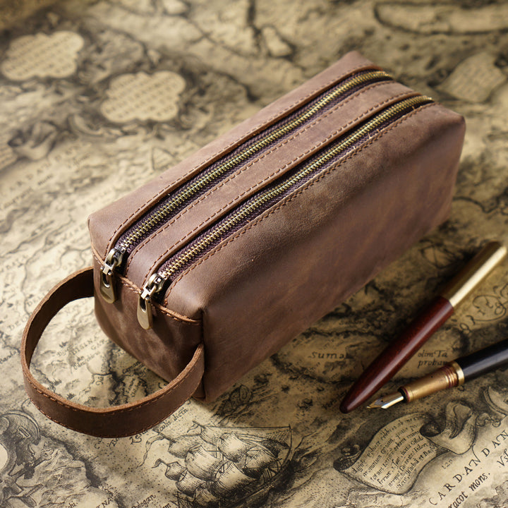 Dual-Zipper Leather Pencil Case