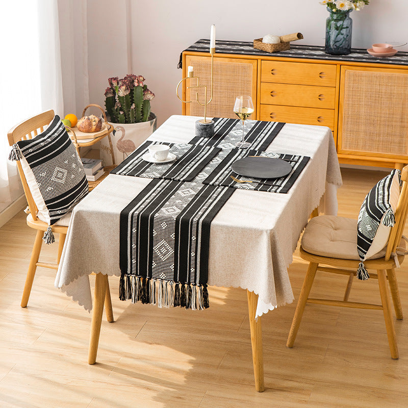 Handwoven table runner made of cotton blend with fringes and geometric dot jacquard Kalsten