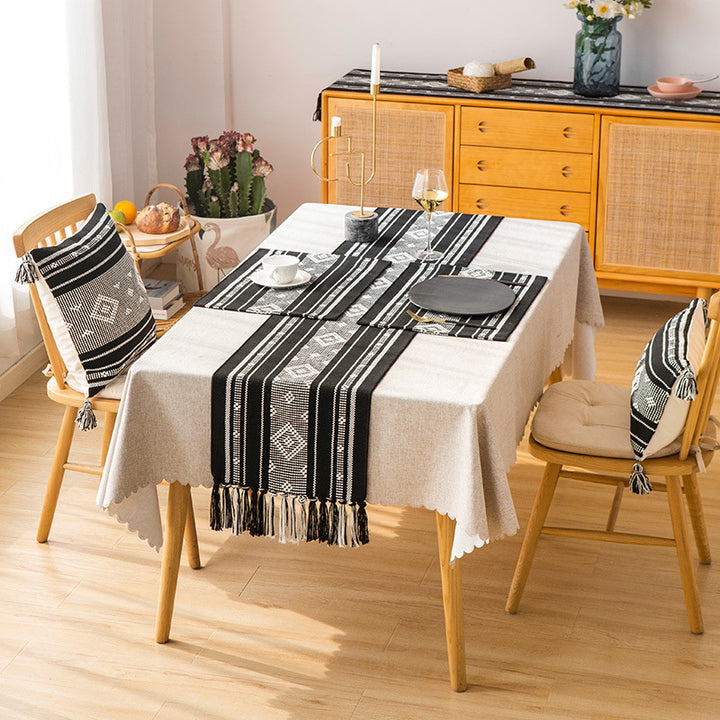 Handwoven table runner made of cotton blend with fringes and geometric dot jacquard Kalsten