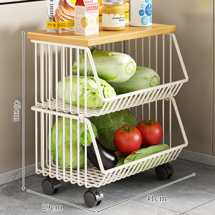 Countertop Wooden Top Metal Wire Fruit and Vegetable Storage Rack