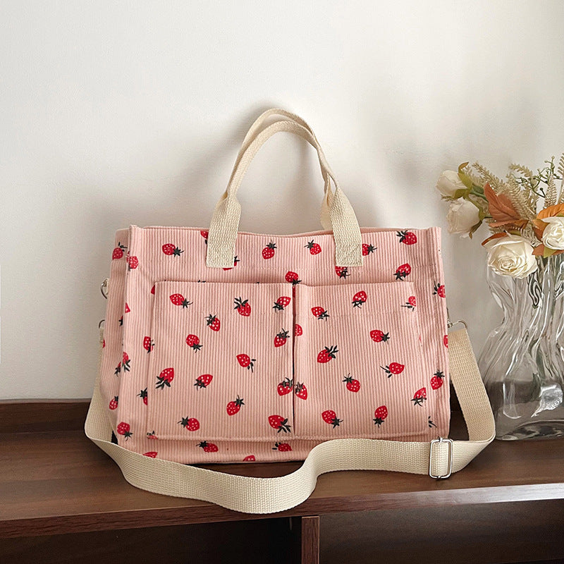 WoStylish Multi-Pocket Strawberry Print Canvas Tote Bag Kalsten
