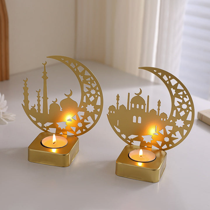 Crescent Silhouette Mosque Tea Light Lantern with Filigree Metal Base Kalsten