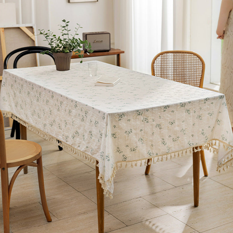 Rectangular Linen-Blend Tassel-Trim Dining Tablecloth with Scattered Dot Embroidery