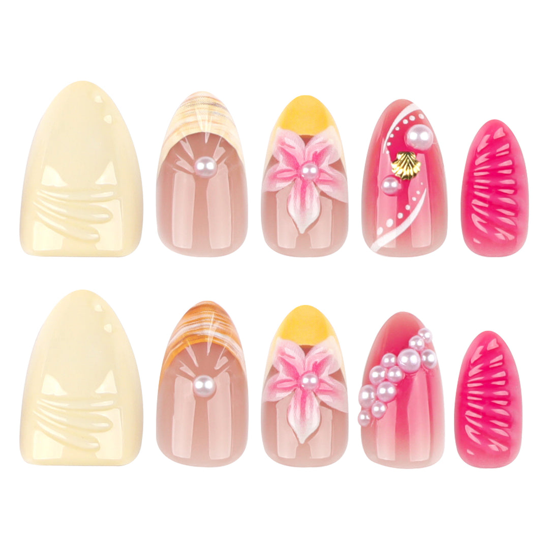 Artful nail extensions with floral and pearl-embellished accents Kalsten