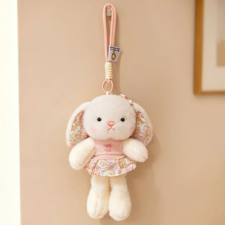 Plush Bunny Bag Charm Keychain with Decorative Bow and Floral Dress Kalsten