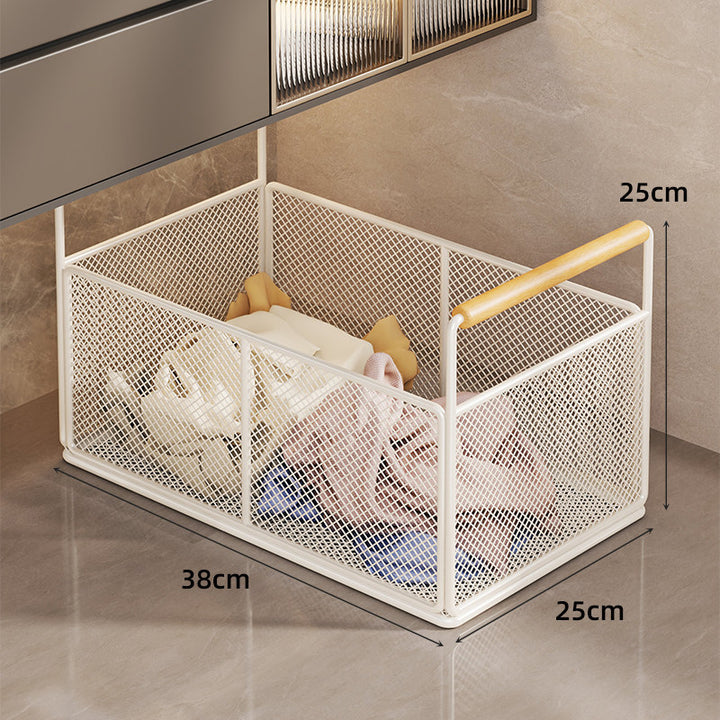 Large Rectangular Metal Mesh Utility Basket with Wooden Handle