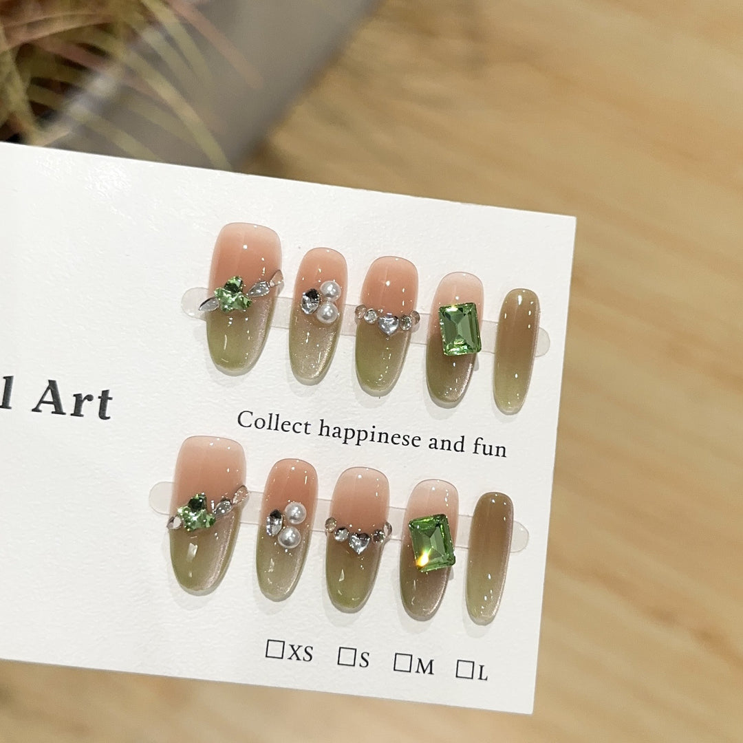 Decorative Press-On Nail Set with Gemstone Accents