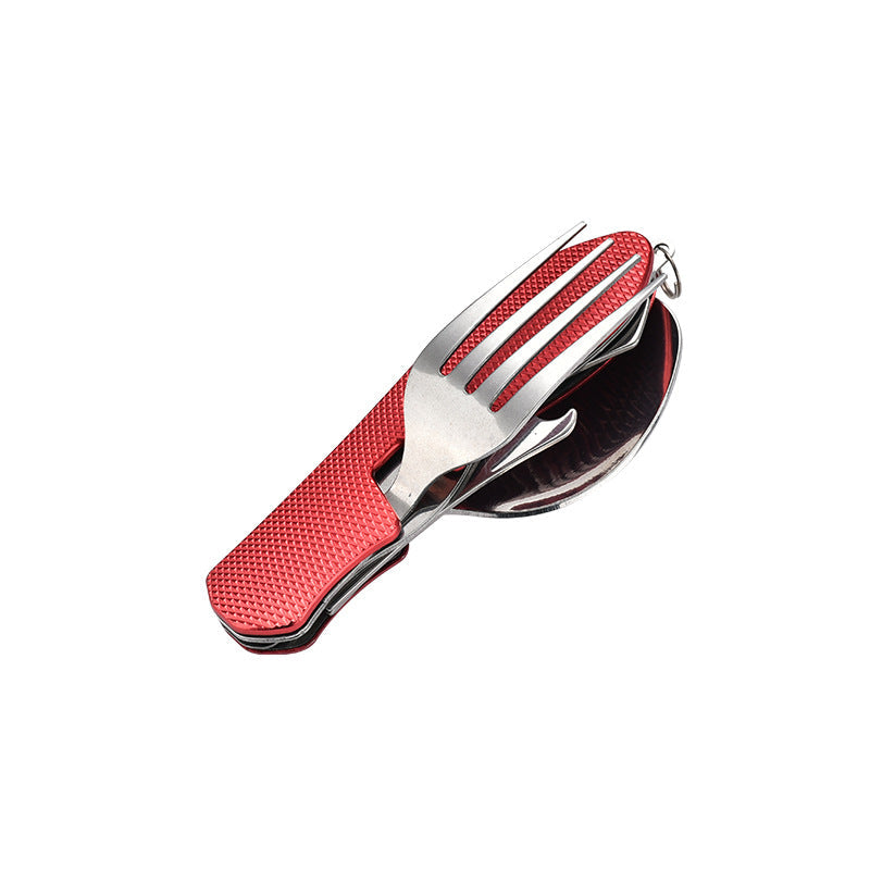 folding stainless steel camping cutlery set with textured grip locking hinge and compact travel clip Kalsten