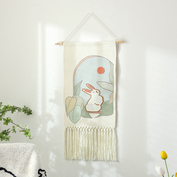 Woven cotton wall hanging with punch needle flower relief and fringes Kalsten