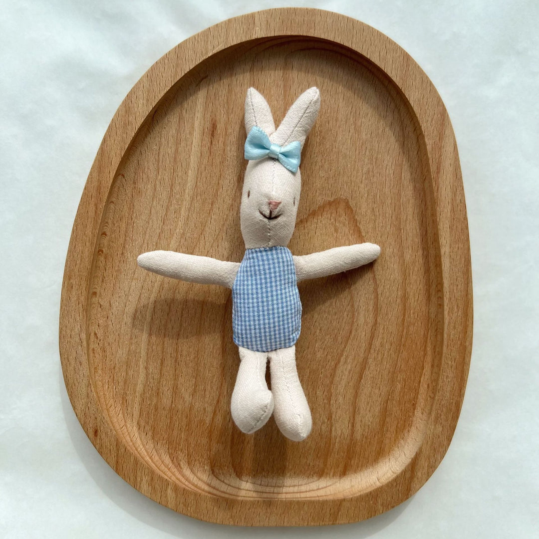 Miniature Linen Rabbit Comforter Plush with Gingham Pocket Dress and Ribbon Bow