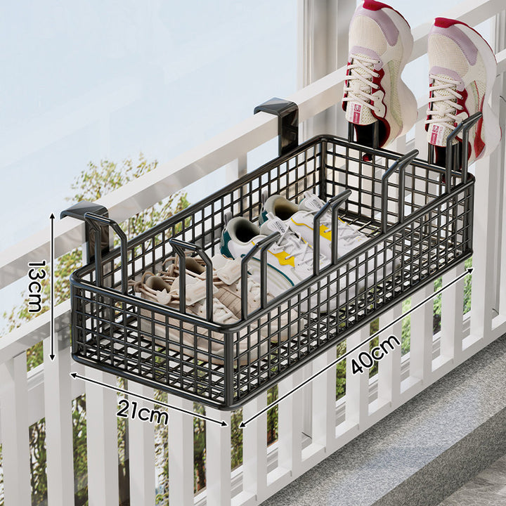 Over-Rail Balcony Shoe Drying and Storage Basket with Divided Mesh Compartments