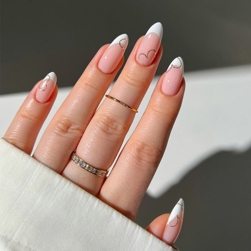 Elegant French Tip Press-On Nails with Heart Accents Kalsten