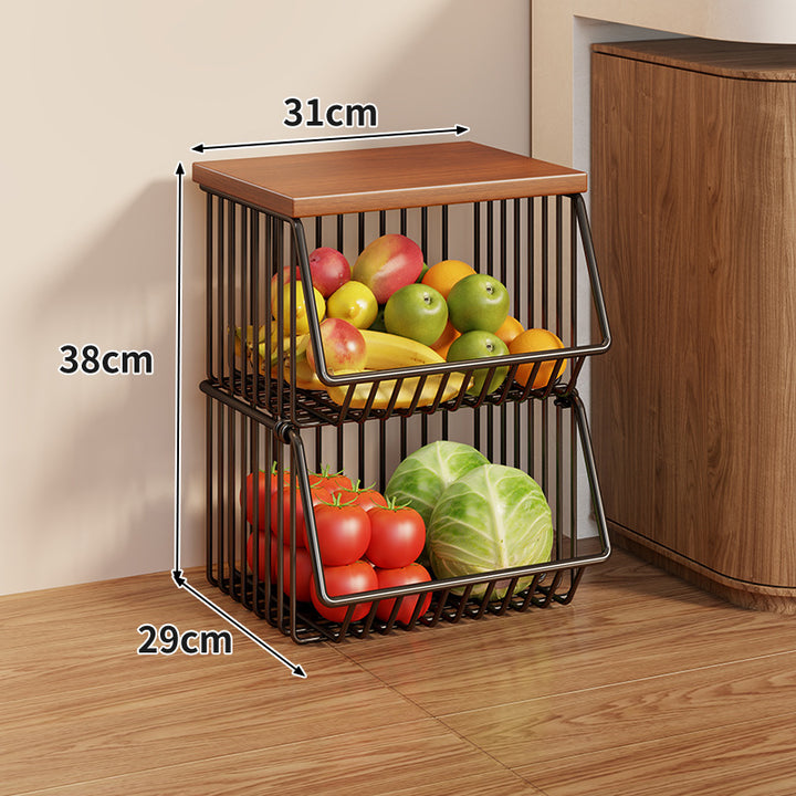Compact Triple-Tier Rolling Wire Vegetable and Fruit Storage Cart with Wooden Top