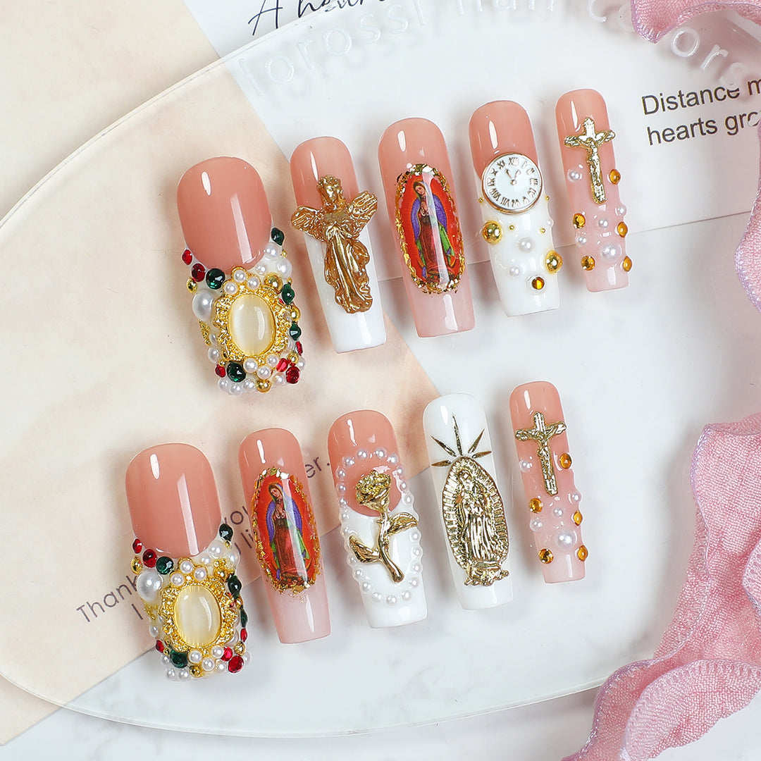 Artificial nail set with luxurious 3D decorations and religious motifs Kalsten