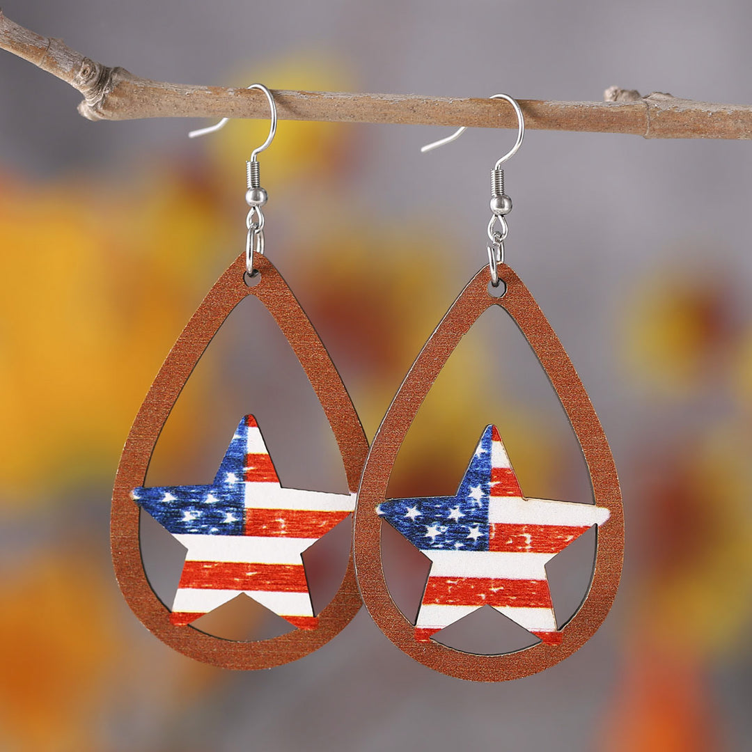 Ladies' nan teardrop-shaped wooden earrings with multi-layer star and stripe appliqué and nickel-free ear hooks Kalsten