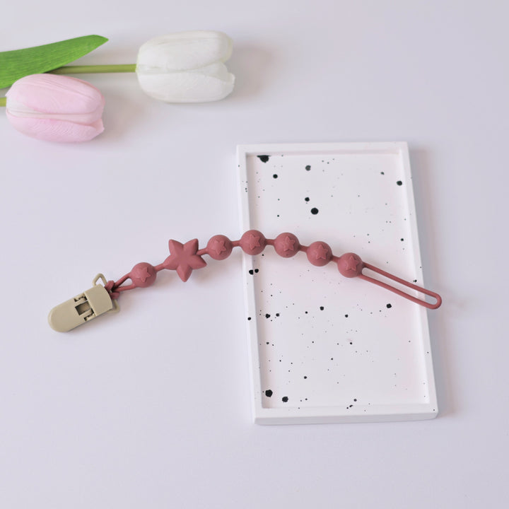 Silicone Star-Bead Pacifier and Teether Clip with Wooden Safety Clamp