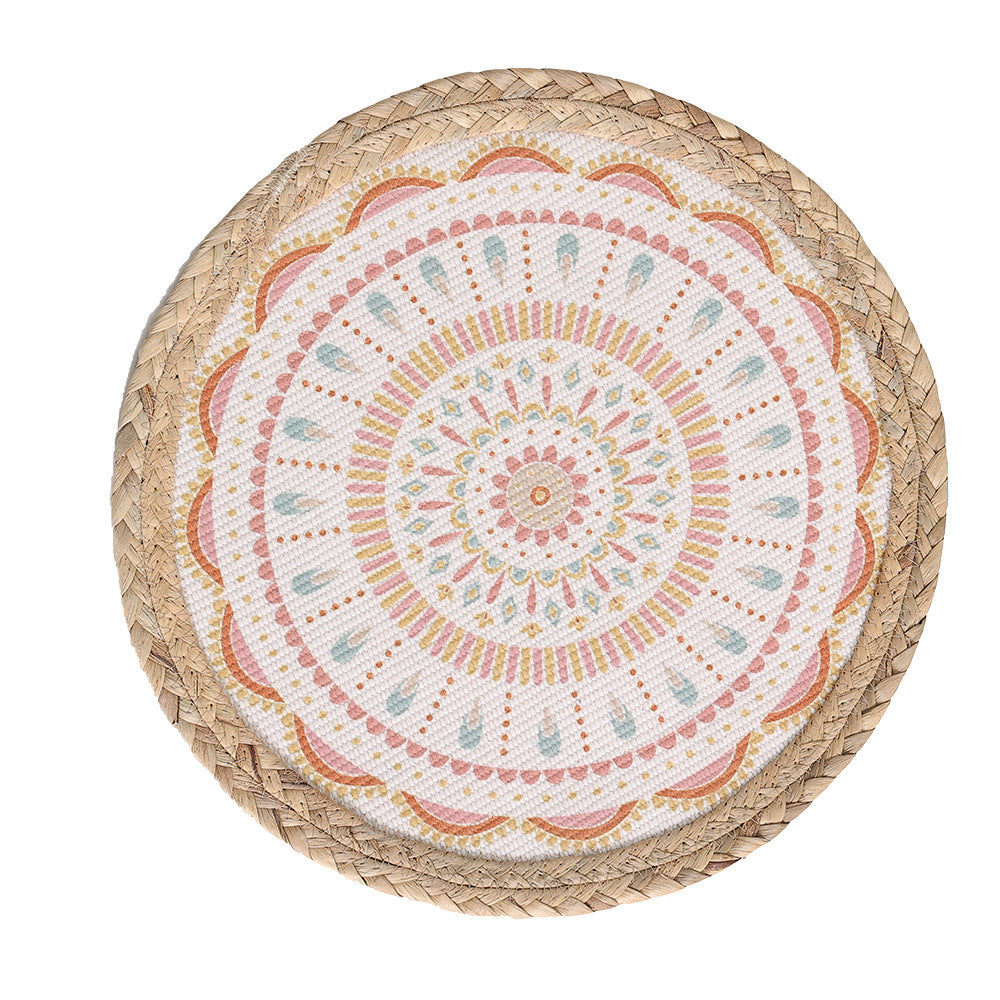 Round woven table mat made of jute with mandala cotton overlay Kalsten