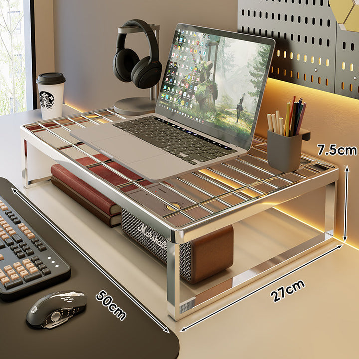 Ventilated Metal Desk Riser Shelf with Open Grid Surface and Under-Storage