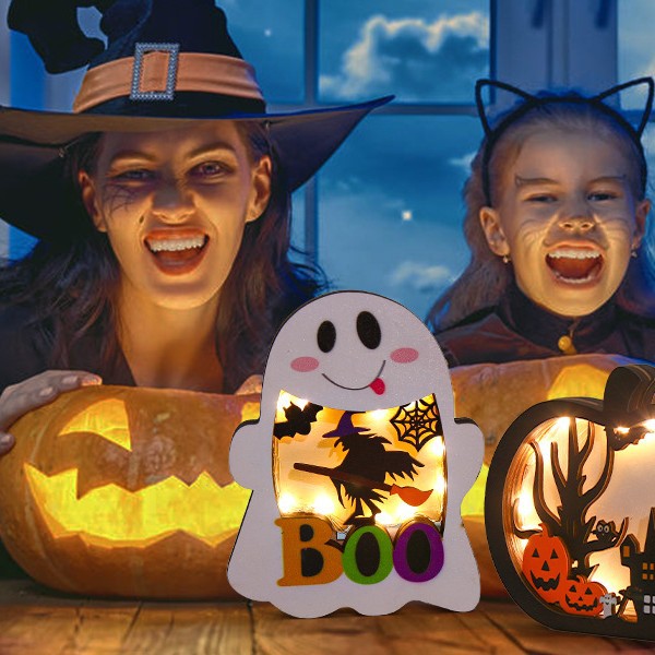Wood decoration set three-dimensional Halloween shadow boxes with LED lighting and multi-layered motifs