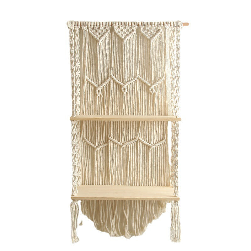 Decorative Wall-Mounted Macrame Shelf with Natural Wooden Accents Kalsten