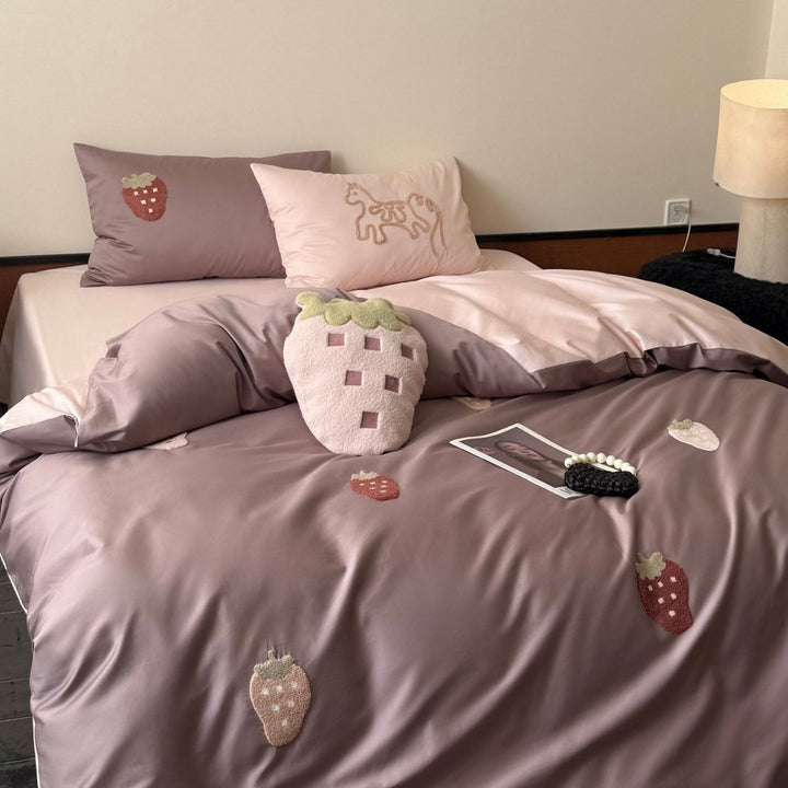 Luxurious cotton satin bedding set with embroidered strawberry appliqués