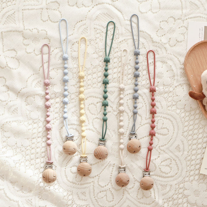 Silicone Beaded Pacifier and Teether Clip with Wooden Safety Clip