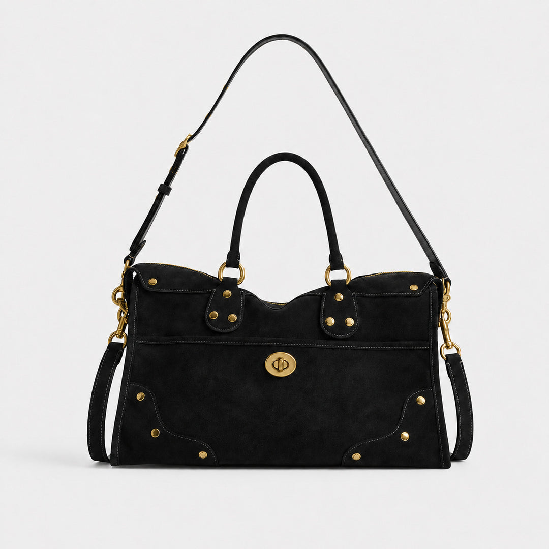 Elegant Suede Handbag with Brass Accents