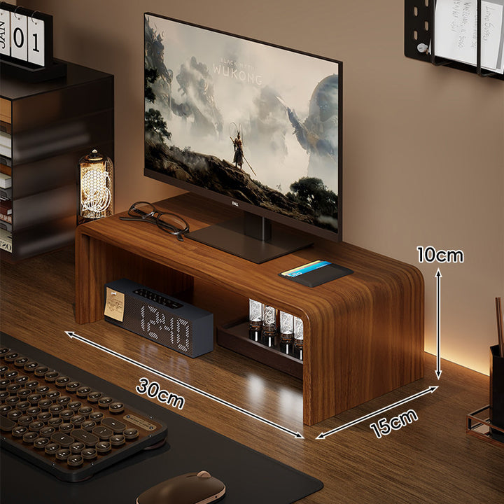 Low-Profile Curved Desktop Monitor Platform with Integrated Under-Shelf Organizer and Ambient Backlight