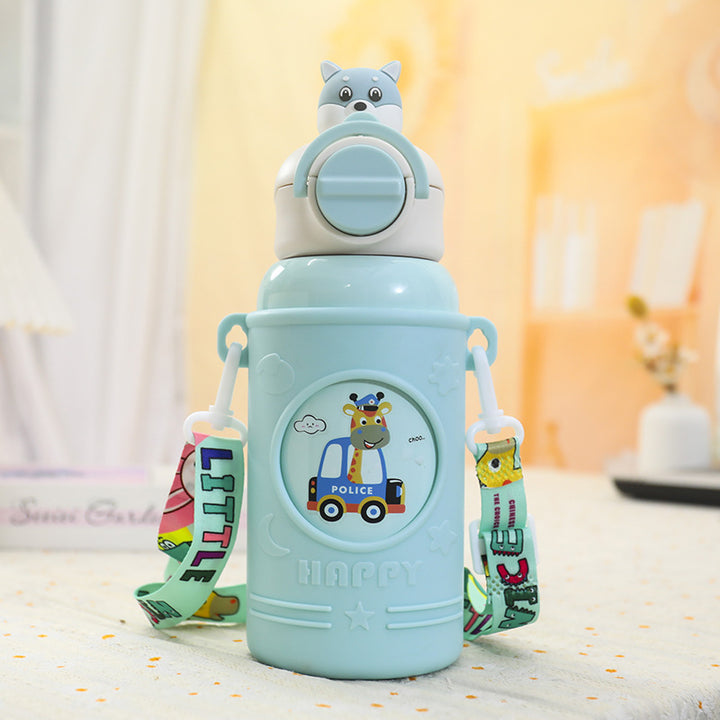 Women's Insulated Drinking Bottle with Cheerful Frog Design and Practical Carry Strap Kalsten