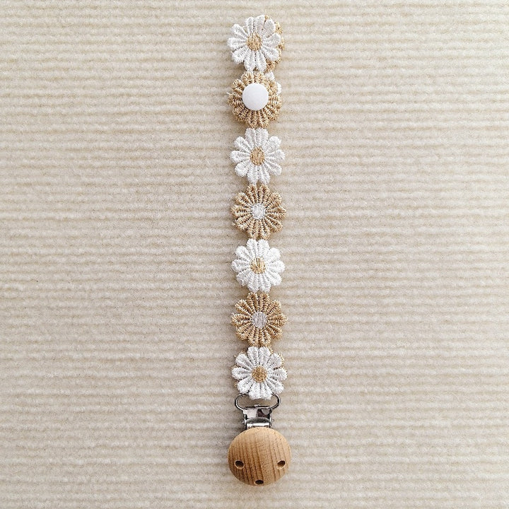 Floral Crochet Pacifier Holder with Wooden Safety Clip