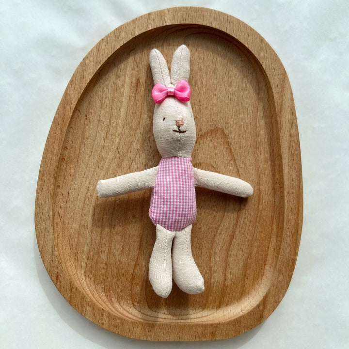 Hand-Sewn Linen Bunny Comforter Doll with Gingham Pocket Dress