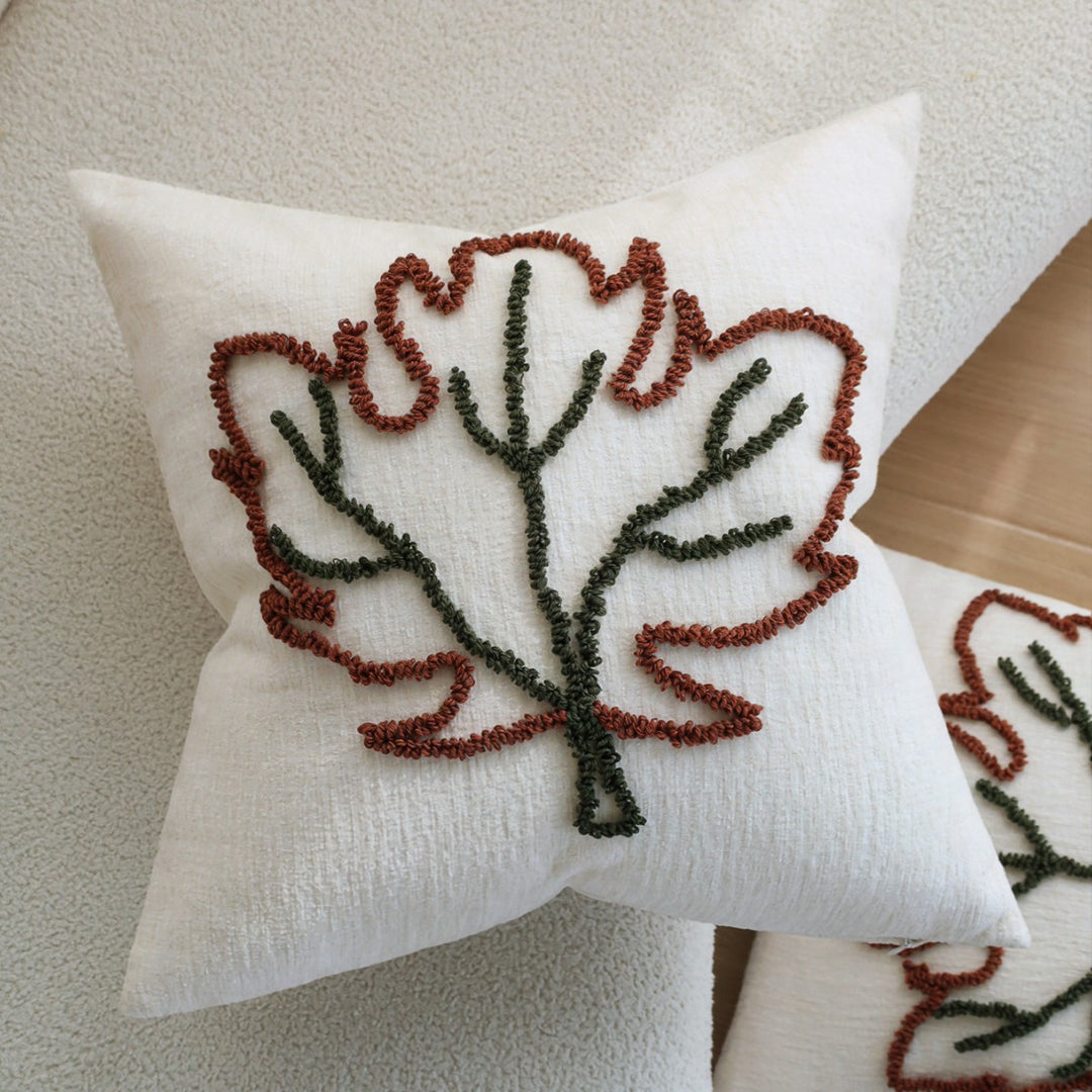Square decorative pillow cover with hand-tufted leaf motif and fine linen texture Kalsten