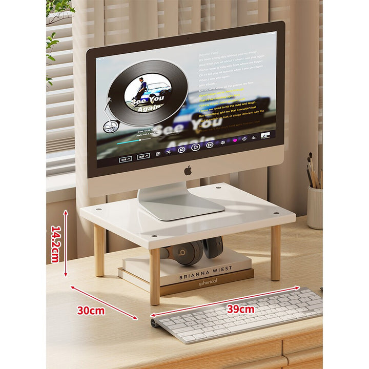 Compact Elevated Monitor Riser Stand with Wooden Legs and Under-Storage