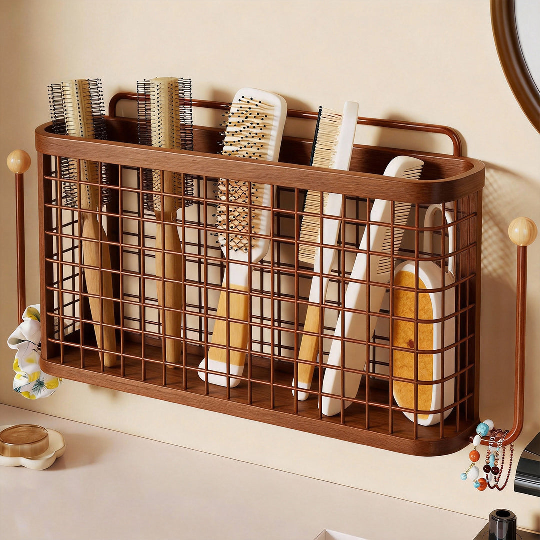 Wall-Mounted Mesh Bathroom Storage Basket with Dual Hooks and Integrated Handle