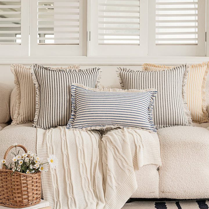 Striped Coastal-Inspired Cotton Square Pillow Cover with Fringed Edge and Concealed Zip