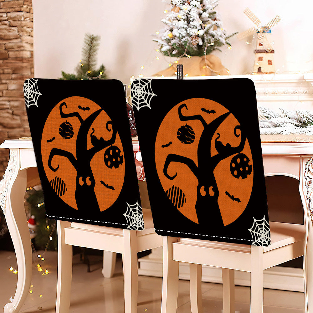 festive Halloween chair covers made of stretchable polyester with witch hat and lettering design